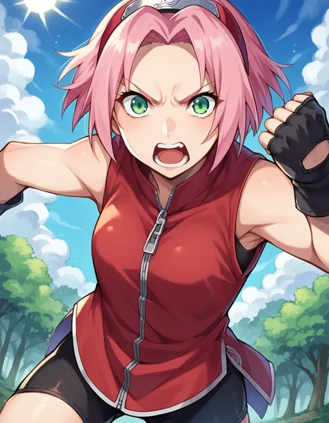 score_9, score_8_up, score_7_up, source_anime,
sakuraharuno, <lora:sakura-haruno-ponyxl-lora-nochekaiser:1>,
sakura haruno, short hair, green eyes, pink hair, parted bangs, hairband, forehead protector, shouting, punching,
gloves, green eyes, sleeveless, b...