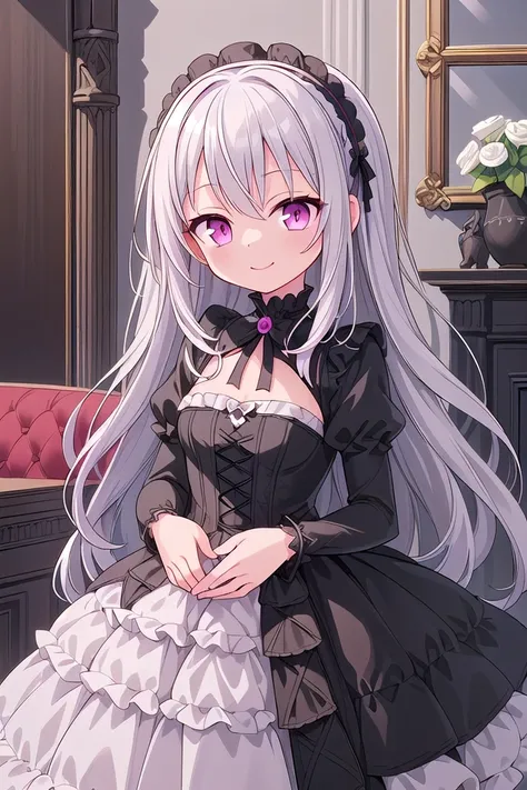 ((masterpiece:1.4, best quality)), ((masterpiece, best quality)),
one girl, cute girl, silver hair, long hair, pink eyes, smile, black gothic dress, white frill, hair dress,
indoors, castle, gothic, cute pose