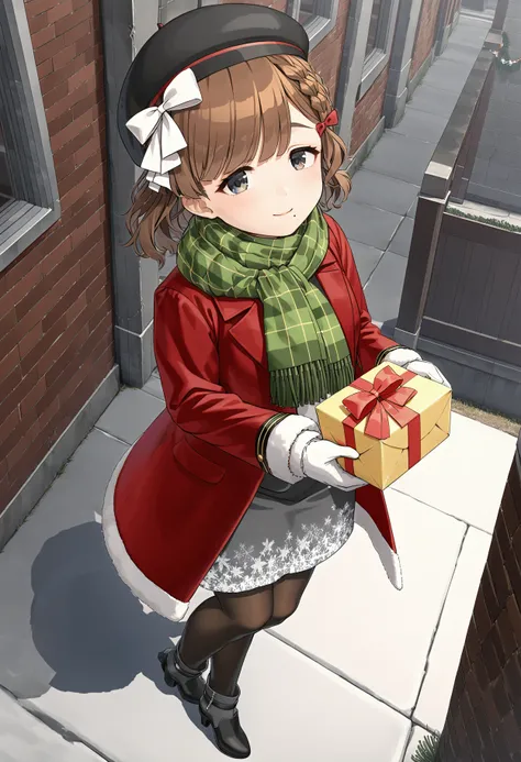 1girl, asahixmas, (yuzu modoki), black eyes, brown hair, mole under mouth, black headwear, beret, hat bow, (white ribbon:0.9), red bow, hair bow, french braid, white shirt, dress shirt, plaid scarf, green scarf, red coat, fur-trimmed coat, black skirt, sno...