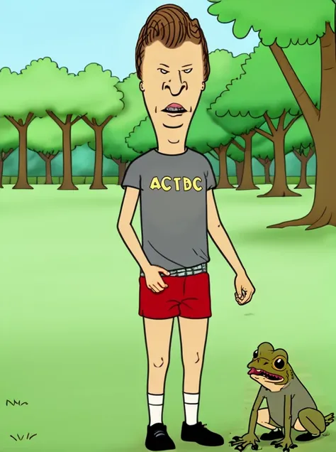 <lora:Beavis_and_Butthead-000014:0.9> , solo, <lora:boldline:0.2> butthead, brown hair, black dot eyes, grey tshirt, red shorts, acdc, 2d flat colours, cartoon,  teeth, full body, at the park, holding a frog n his hand