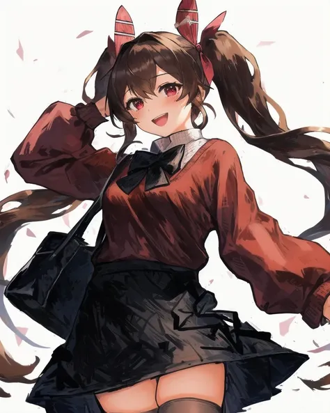 1girl, solo, skirt, brown hair, red eyes, long hair, smile, looking at viewer, hair ornament, open mouth, bangs, bag, blush, long sleeves, twintails, cowboy shot, bow, hair between eyes, hair bow, red bow, sweater