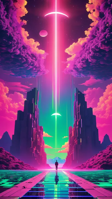 Super high definition, reflective pools, HDR, (Dark vaporwave color palette), eclipse, glowing archway, huge twisting vines, aerial view of rolling hills in bizarre alien landscape, Fibonacci, Enki, annunaki, monolith, megaliths with eyes, ufo, dna, cosmic...