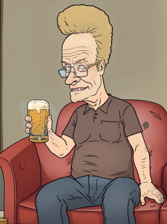 <lora:Beavis_and_Butthead-000014:0.9> , solo, <lora:boldline:0.2>, beavis, blonde hair, old, aging, glasses, upper body, dark dots for eyes, grey shirt, jeans, smile, teeth, sitting on a couch with a beer, cartoon colours, 2d flat,