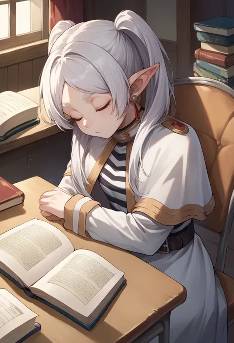 score_9, score_8_up, source_anime, 1girl, solo, FrierenBase, white hair, long hair, twintails, earrings, white capelet, striped shirt, long sleeves, belt, white skirt, black pantyhose, sleeping, head on desk, indoors, night, open book, sitting on chair, <l...