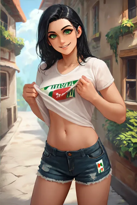 score_9, score_8_up, score_7_up, rating_safe, a irresistible Italian woman with black hair standing in Italian village, ideal cute face, ideal slim body, looking at viewer, sexy smile, big green eyes, wearing shirt and shorts, flashing belly, lifting shirt...