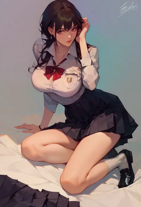 score_9, score_8_up, score_7_up, 1girl, solo, 19-years-old, pretty face, posing naughty, school uniform, large breasts, beautiful legs, slender, silky skin, short skirt, white socks, black loafers, source_anime,