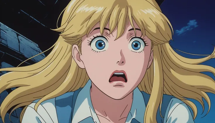 1980s anime, an anime 20yo woman with blonde hair, looking shocked, staring into an abyss