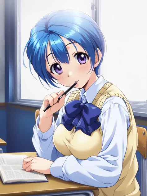 <lora:Hirose_Mariko:0.8>, HiroseMariko, 1girl, solo, purple eyes, short hair, blue hair, school uniform, sweater vest, looking at viewer, long sleeves, desk, bow, book, pencil, shirt, sitting, bowtie, window, indoors, blue bow, school desk, white shirt, bl...