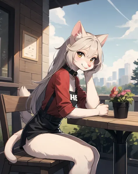 1girl, looking at viewer, (hi res), ((masterpiece)) , ((best quality)), illustration, feline, cat, furry female, mammal, anthro, outdoors, fashionable, trendy, cafe, solo, character focus