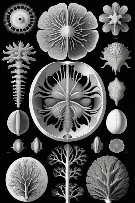 Art Forms in Nature, coral, intricate, detailed, biology, biology diagram, poster, artforms in nature, ernst haeckel, masterpiece, grayscale, art <lora:Artforms in Nature - Ernst Haeckel:.8>