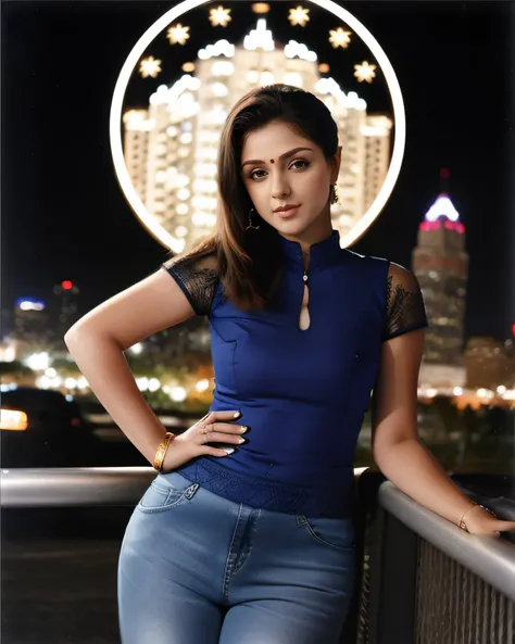 a photo of a 25-year-old woman, smrn, professional portrait photo,high neck kurta_with_Jeans, high ponytail,   solo, night time, city bokeh lights   <lora:smrn_Simran_Bagga_SD15_LoRA_prodigy_local_regs:1>