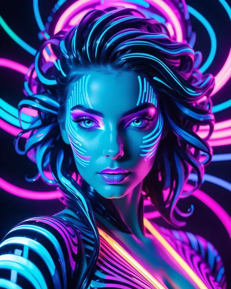 glittering, zebra stripes ,a naked woman is being born in immersing swirling vortex of neon pastel ink,swirling ink, scientific ...