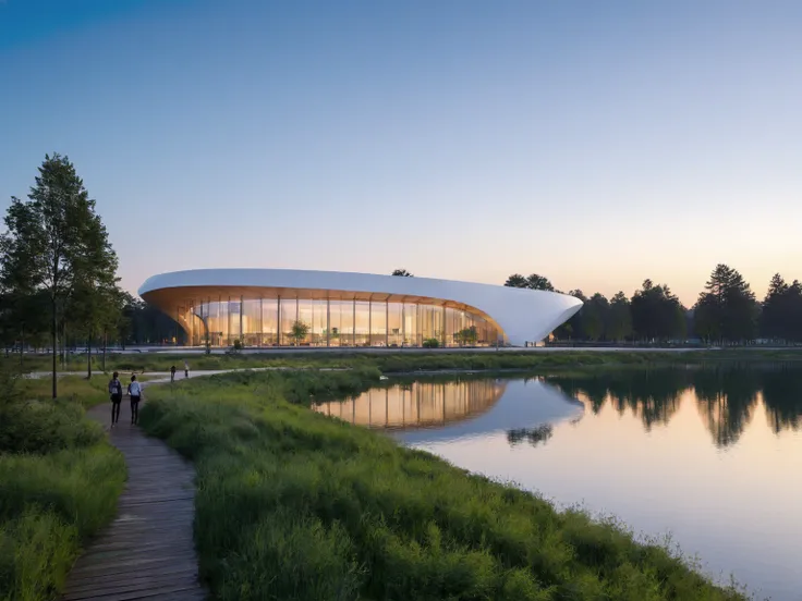 The picture shows a modern architectural structure located near a water body. The building adopts a smooth curved design that combines white and wooden materials. It overlooks a peaceful lake surrounded by lush green plants and tall trees. The sky is clear...