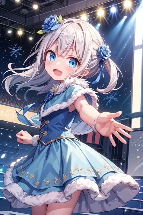 girl,audience,blue capelet,blue dress,blue eyes,capelet,catwalk (walkway),dot nose,dress,dutch angle,fang,film grain,flower,from side,fur-trimmed capelet,fur-trimmed dress,fur trim,glowstick,hair down,hair flower,hair ornament, idol,idol clothes,lens flare...