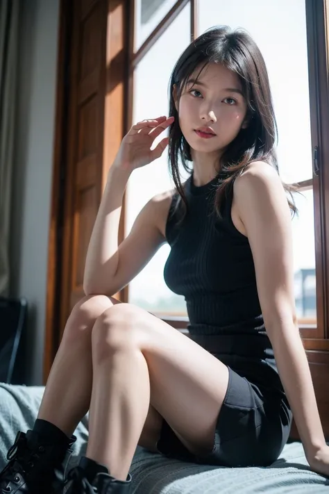 1girl,solo,looking at viewer,skirt,black hair,sitting,sleeveless,black footwear,looking at viewer,long hair,shirt,blue shirt,indoors,brown skirt,bangs,sleeveless shirt,window,
best quality,masterpiece,illustration,an extremely delicate and beautiful,CG,uni...