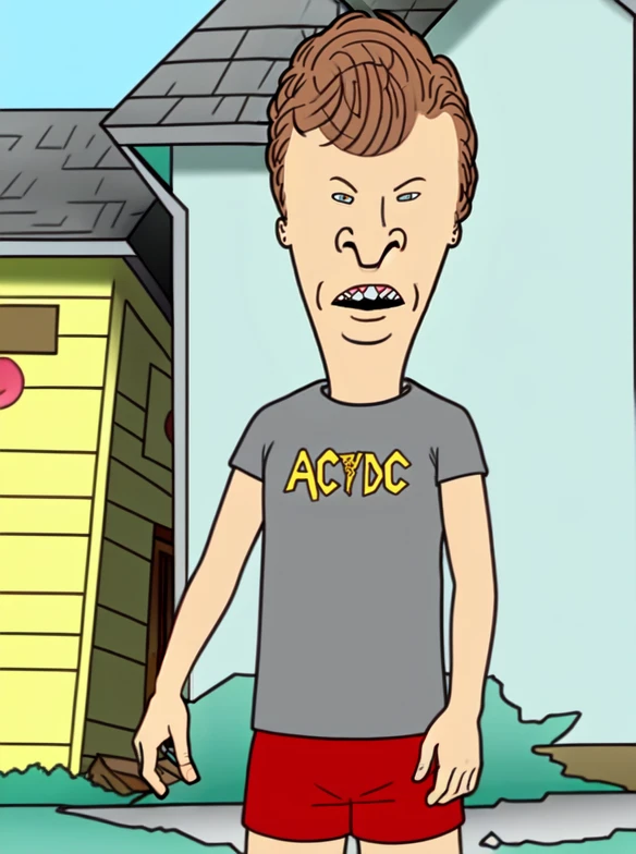 <lora:Beavis_and_Butthead-000014:0.9> , solo, <lora:boldline:0.2>, butthead, upper body, dark dots for eyes, red shorts, grey shirt, acdc, in front of a broken house, cartoon colours, 2d flat,