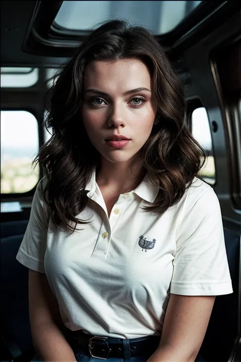 photo of beautiful (Sc4rJ0h4nss0n_HM-145:0.99), a woman, perfect hair, surprised, (modern photo), wearing polo shirt and khakis, portrait, 85mm, (analog, cinematic, film grain:1.3), (Gas Giant Sky Platform, Floating platform in a gas giant with atmospheric...