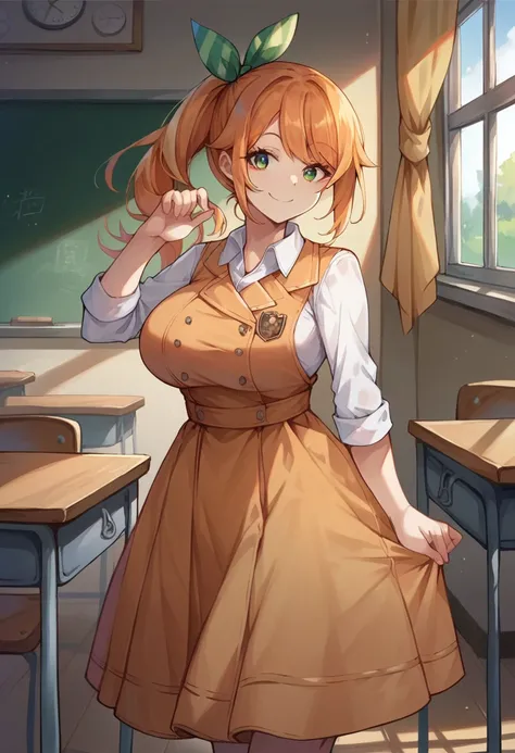 score_9, score_8_up, score_7_up, score_6_up, score_5_up, score_4_up, source_anime, 1girl, solo, hareru, large breasts, hair ribbon, white collared shirt, orange pinafore dress, standing, indoors, classroom, smile, <lora:hareru_SDXL-08:1>