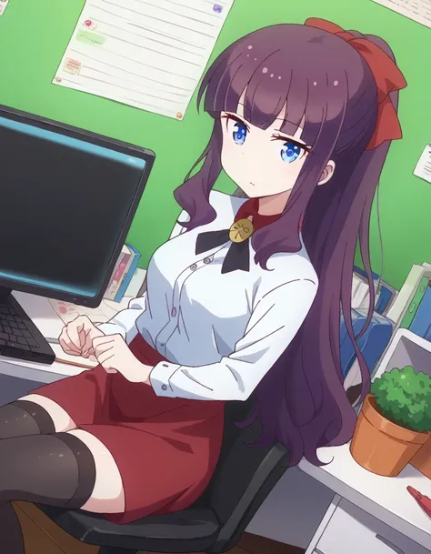 score_9, score_8_up, score_7_up, source_anime,
hifumitakemoto, <lora:hifumi-takimoto-ponyxl-lora-nochekaiser:1>,
hifumi takemoto, long hair, bangs, blue eyes, bow, ponytail, purple hair, hair bow,
skirt, shirt, thighhighs, white shirt, black thighhighs, re...