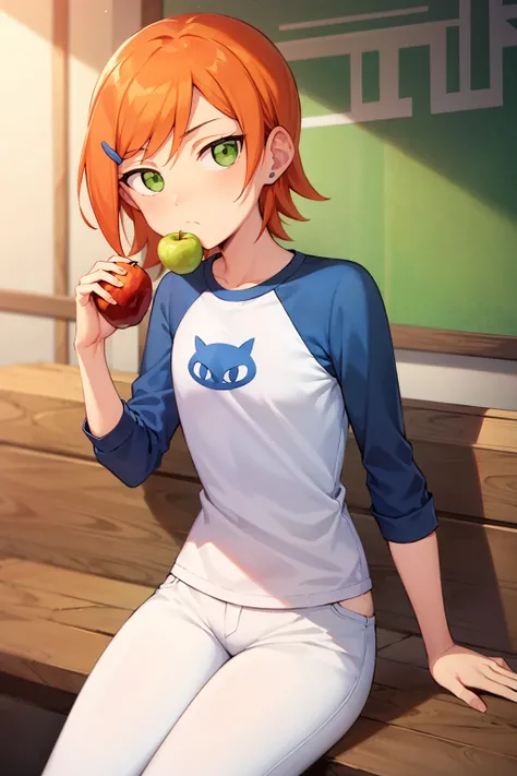 claasicgwen, solo,eating,apple,looking at viewer,orange hair, short hair, green eyes,blue shirt, raglan sleeves, long sleeves, white pants