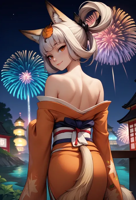 score_9, score_8_up, score_7_up, source_anime, from behind, solo, 1girl, kongiku, slight smile, looking back, leaf on head, japanese clothes, kimono, off shoulder, fox tail, bare shoulders, fireworks <lora:muramasa_kongiku_ponyXL:1>