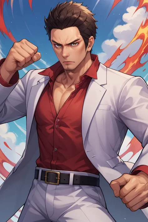 score_9, score_8_up, score_7_up, BREAK, <lora:kiryukazuma-guy-PONYv1:1>, 1boy, solo, kiryukazuma, red shirt, jacket, formal, suit, pants, belt, muscular, portrait, looking at viewer, fighting stance,