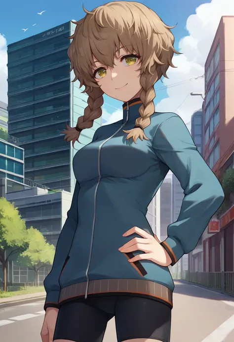 score_9, score_8_up, score_7_up, source_anime, solo, 1girl, amane suzuha, smile, looking at viewer, hand on hip, blue jacket, track jacket, bike shorts, outdoors, city street <lora:steinsgate_amane_ponyXL:1>