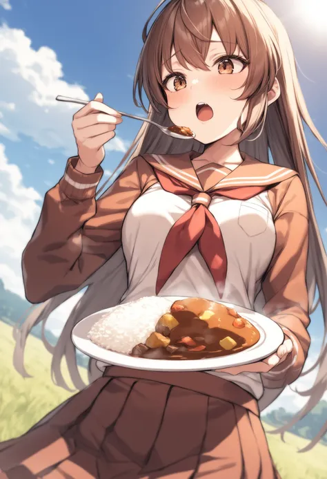 1girl, <lora:sdxl2-flat2-512b:-1>,medium breasts,school uniform,
<lora:curryrice_XL_v1:0.8>,curry rice ,solo, food, curry, rice, holding spoon, eating,
from below, cinematic angle, looking ahead, flustered, plains, open mouth,
best quality,medium quality,