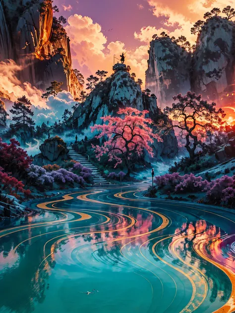 cinematic photo biomechanical style land art style hyperrealistic (A landscape with a pink atmosphere that scatters the light in different hues, creating a colorful and whimsical environment. The flora is fantastical and whimsical, such as cotton candy clo...