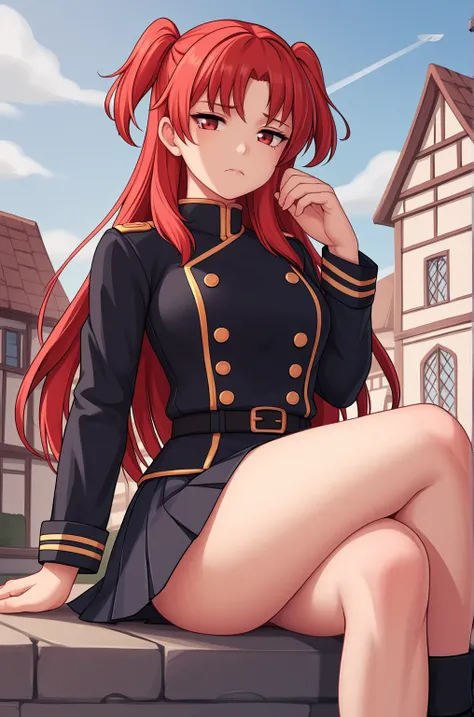 anime artwork score_9, score_8_up, score_7_up, score_6_up, score_5_up, score_4_up, source_anime, BREAK, thick outline, fat outline,
Chtholly_Nota_XL, red hair, long hair, two side up, red eyes, army_uniform, long sleaves, pleated skirt, BREAK, sad, sitting...