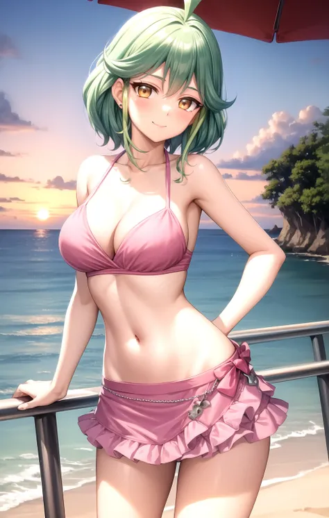 masterpiece, best quality, best aesthetic, anime, ultra detailed, rin_arc_v, aerith_ff7r_bikini, 1girl, solo, (pink bikini, frilled bikini:1.2), (bikini skirt, short skirt:1.2), (pink skirt:1.2), frills, (large breasts:1.2), wide hips:1.2), (short hair, gr...