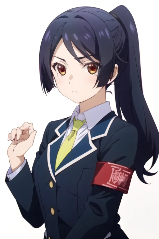 solo, 1girl, looking at viewer, 2D, anime, anime coloring, upper body, (solid white background:1.3), <lora:rin-yumedanshi:0.75>, rin shinomiya, blazer, armband, school uniform, closed mouth