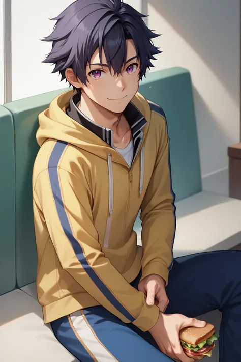 score_9, score_8_up, score_7_up, score_6_up, source_anime, BREAK 1boy, solo <lora:rean-pdxl-nvwls-v1-000006:0.9> sen2rean, black hair, sitting, yellow hoodie, track pants, holding sandwich, looking at you, happy