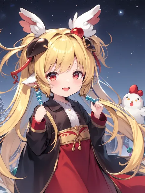 <lora:Mahira:0.8>,Mahira, 1girl, long hair, blonde hair, bird, chicken, looking at viewer, solo,  open mouth, harvin, blush, hair ornament, animal ears, dress,  long sleeves, hair beads, red eyes, beads, smile, bangs, very long hair, animal, shirt, fantasy...