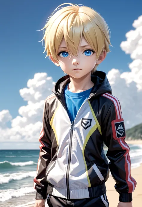 sota, solo,looking at viewer,short hair,bangs,blue eyes,blonde hair,long sleeves,1boy,hair between eyes,closed mouth,standing,jacket,male focus,cowboy shot,outdoors,sky,day,pants,cloud,hood,water,blue sky,ocean,beach,black pants,hood down,child,multicolore...