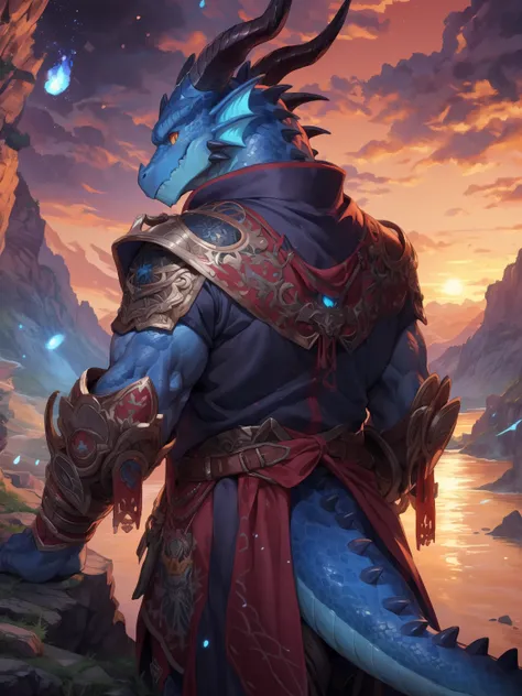 solo, male, mature male, (male anthro dragon:1.3), (blue body:1.1), (standing:1.3), (kemono:1.2), (sunset:1.23), armor, (robe), (looking back:1.2), raised head, (rear view), landscapes, cliff, dawn, horizon, detailed eyes, portrait, dragon tail, horn, (det...