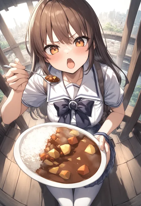 1girl, <lora:sdxl2-flat2-512b:-1>,medium breasts,school uniform,
<lora:curryrice_XL_v1:0.8>,curry rice ,solo, food, curry, rice, holding spoon, eating,
from above, fisheye lens, looking down, angry, under the bridge, open mouth,
best quality,medium quality...