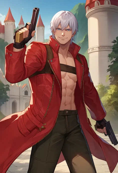 score_9, score_8_up, score_7_up, source_anime, solo, male focus, 1boy, dmc3dante, smirk, closed mouth, looking at viewer, standing, holding gun, dual wielding, red coat, bandeau, fingerless gloves, pants, outdoors, castle <lora:dmc3_dante_ponyXL:1>