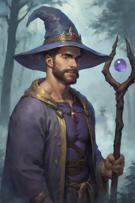 score_9, score_8_up, score_7_up, 1boy, solo, male focus, mature male, wizard, long hair, brown hair, black eyes, looking at viewer, hat, facial hair, beard, mustache, staff, wizard hat, purple hat, robe, purple robe, cloak, holding, holding staff, upper bo...