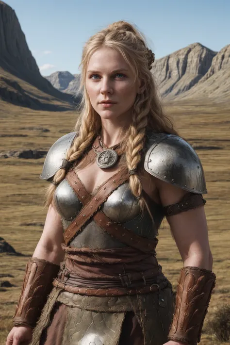 a portrait of a fierce viking shieldmaiden, embodying bravery and resilience in a rugged landscape