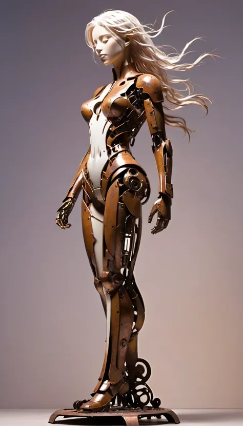 <lora:xl-shanbailing-1203metal element-000010:0.9>,bailing_metal,a girl made of worn-out metal,Create a hyper-realistic digital painting of the Venus de Milo reimagined as an advanced robot,exuding a dramatic and sorrowful aura. Her robotic form is crafted...