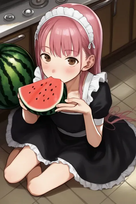 score_9, score_8_up, score_7_up, rating_safe BREAK
1girl, :t, looking at viewer, long hair, pink hair, brown eyes, black dress, maid dress, flat chest, sitting, on floor, eating, watermelon, from above, kitchen