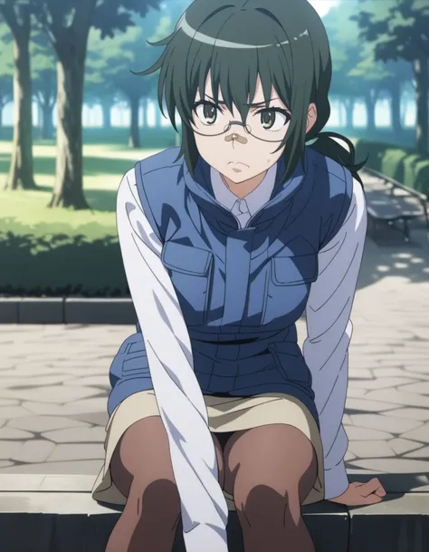 1girl,
<lora:tessoutsuzuriXL1:0.8>,tessoutsuzuri,
green eyes,green hair,low ponytail,glasses,
pantyhose,vest,long sleeves, skirt,
bandaid on nose,
disgust,
park,
sitting,
cowboy shot,
masterpiece, best quality, ultra detailed, highres,4k,(ultra-detailed:1....