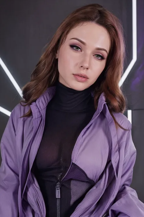 <lora:am0ur4nth_v2:0.5> am0ur4nth woman, cyberpunk city background, futuristic, neon purple ligths, turtleneck, portrait, oversized jacket, medium close-up, parted lips, looking at viewer, front view