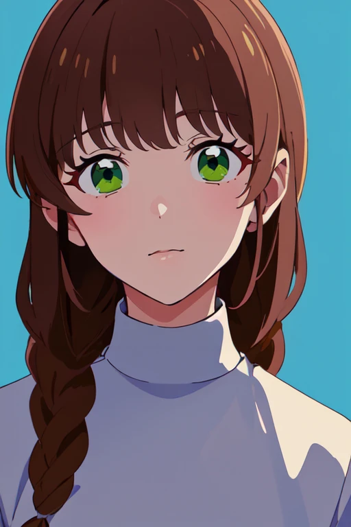 concept art  masterpiece,  highres, best quality, absurdres,  <lora:ShioriSakurazakaR4:0.7>, ShioriSakurazakaR4, 1girl, brown hair, green eyes, bangs, braid, long hair, looking at viewer,portrait, simple background, blue background . digital artwork, illus...