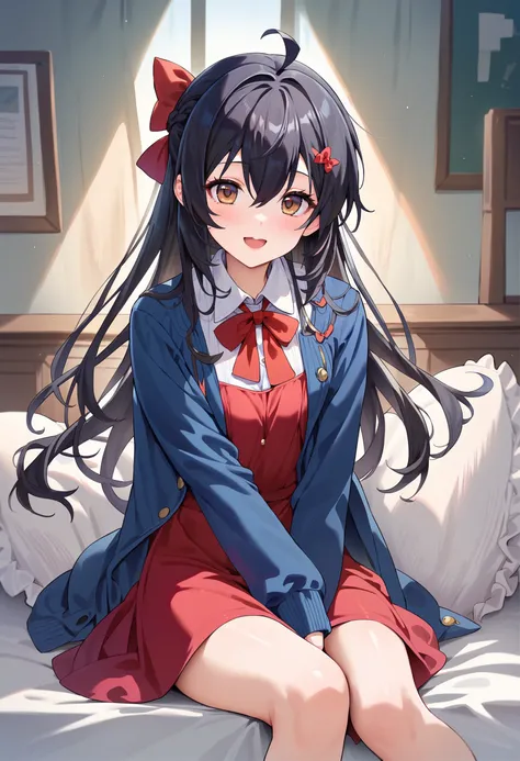 score_9,score_8_up,score_7_up,<lora:PDFA_Style7256193366v4:0.8>,1girl,solo,bangs,blush,smile,looking at viewer,indoors,:d,ahoge,black hair,blue jacket,bow,braid,brown eyes,collared shirt,dress,hair between eyes,hair bow,jacket,long hair,long sleeves,open c...