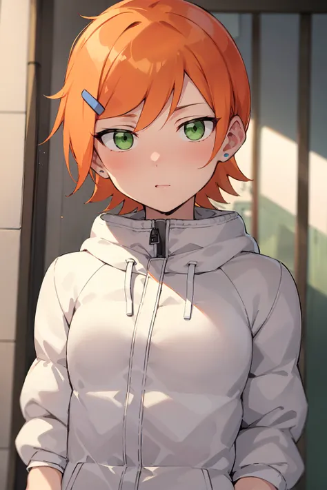 claasicgwen, solo,orange hair, short hair, green eyes,wearing (white:1.25) puffy jacket,upper body