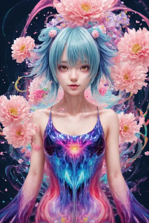 An anime girl, upper body, ambient light, Harajuku fashion, flowers, fusion of fluid abstract art, glitch, fusion of limited color, geometric art style of Hannah Yata