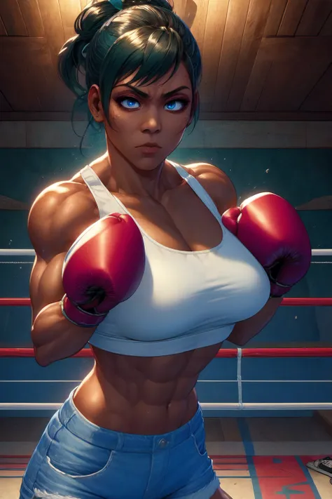 <lora:Chitose_Buster_Holmes-000008:0.8>,  (chitosebh), (muscular), white sports bra, blue denim shorts, green flip flops, (boxing gloves), (insanely detailed, detailed face, masterpiece, detailed eyes, best quality),  <lora:girllikeboxing:1> (boxing), (pun...