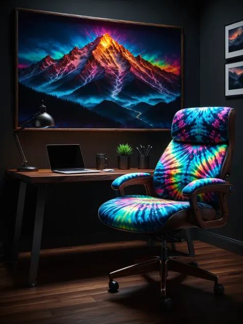 glowing mad-glowtiedye office chair and wooden desk in a dark expensive office, photograph of a mountain on the wall, night <lora:Glowing_Tiedye_SDXL:0.6>, (masterpiece:1.2), best quality, (hyperdetailed, highest detailed:1.2), high resolution textures